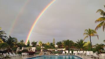 Una piscina con lettini e palme, con un arcobaleno nel cielo.