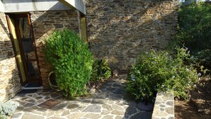 A stone-paved courtyard with a stone wall, potted plants, and a door.