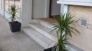 Une entrée d’immeuble avec un sol en béton, des marches menant à une porte et deux plantes en pot.