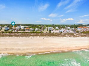 On the beach, sun loungers, beach towels