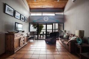 TV, DVD player, books, video library