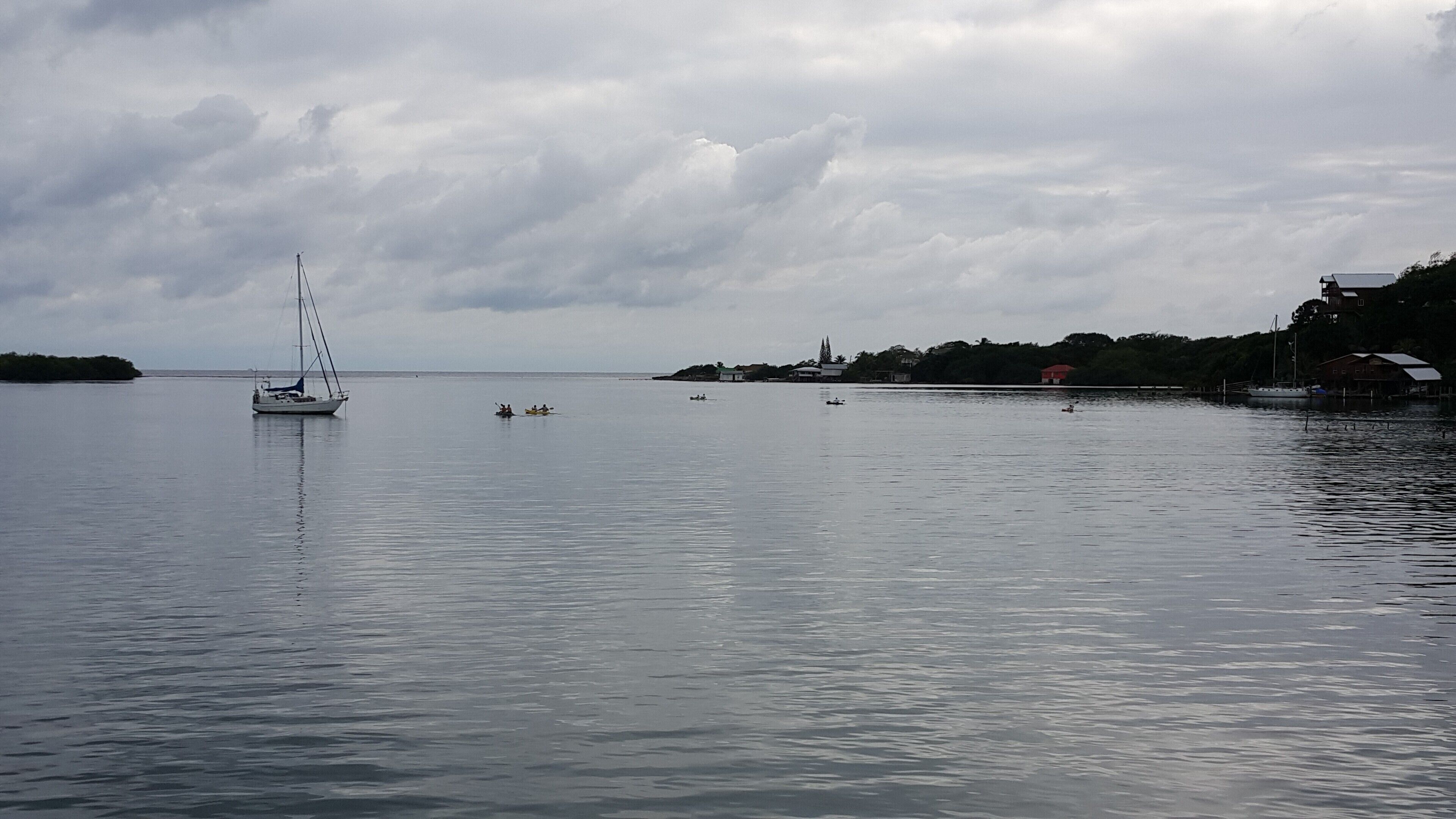 A calm body of water with a sailboat and several small boats. There are buildings and trees on the shore.