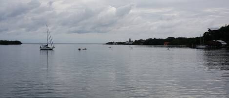 A calm body of water with a sailboat and several small boats. There are buildings and trees on the shore.
