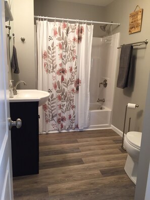 Ensemble douche/baignoire, sèche-cheveux, serviettes fournies, savon