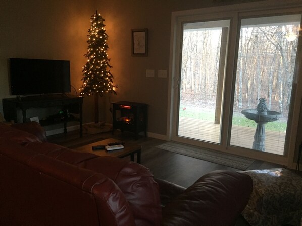 A living room with a Christmas tree, a fireplace, a sofa, and a television. - Tennessee Mountain Home in Beautiful Wooded Setting (Spencer)