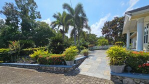 A paved pathway leading to a building with a covered patio area, surrounded by lush greenery and various plants. - Spicy Hill Villa, One Of Jamaica's Best-Kept Secrets. (Port Antonio)
