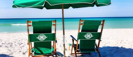 Beach nearby, sun loungers