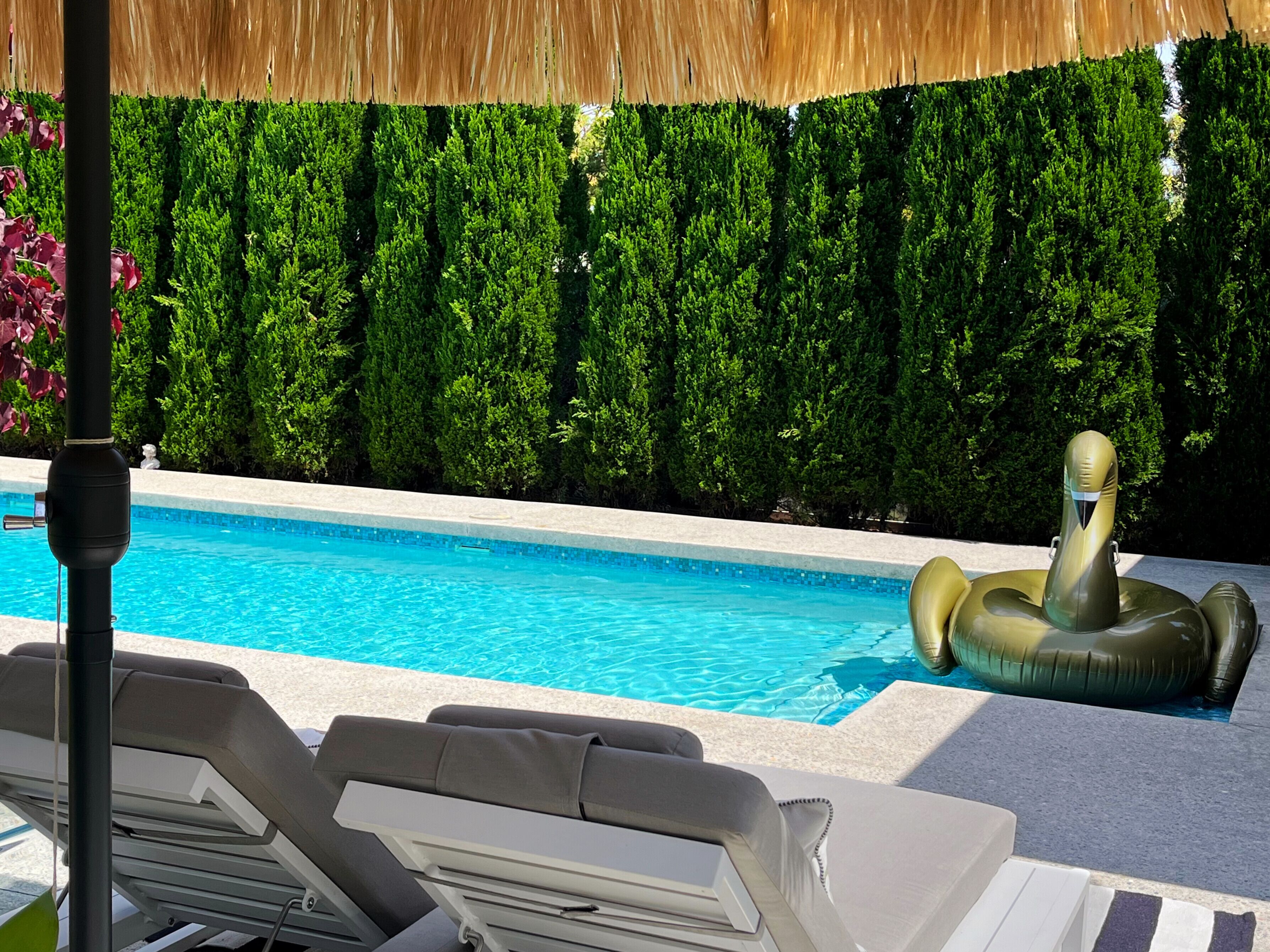 Una piscina con sillas de descanso y un flotador inflable.