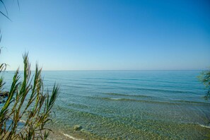 A clear view of a beach with calm water and clear skies.