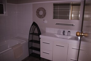 Combined shower/bathtub, hair dryer, soap, toilet paper