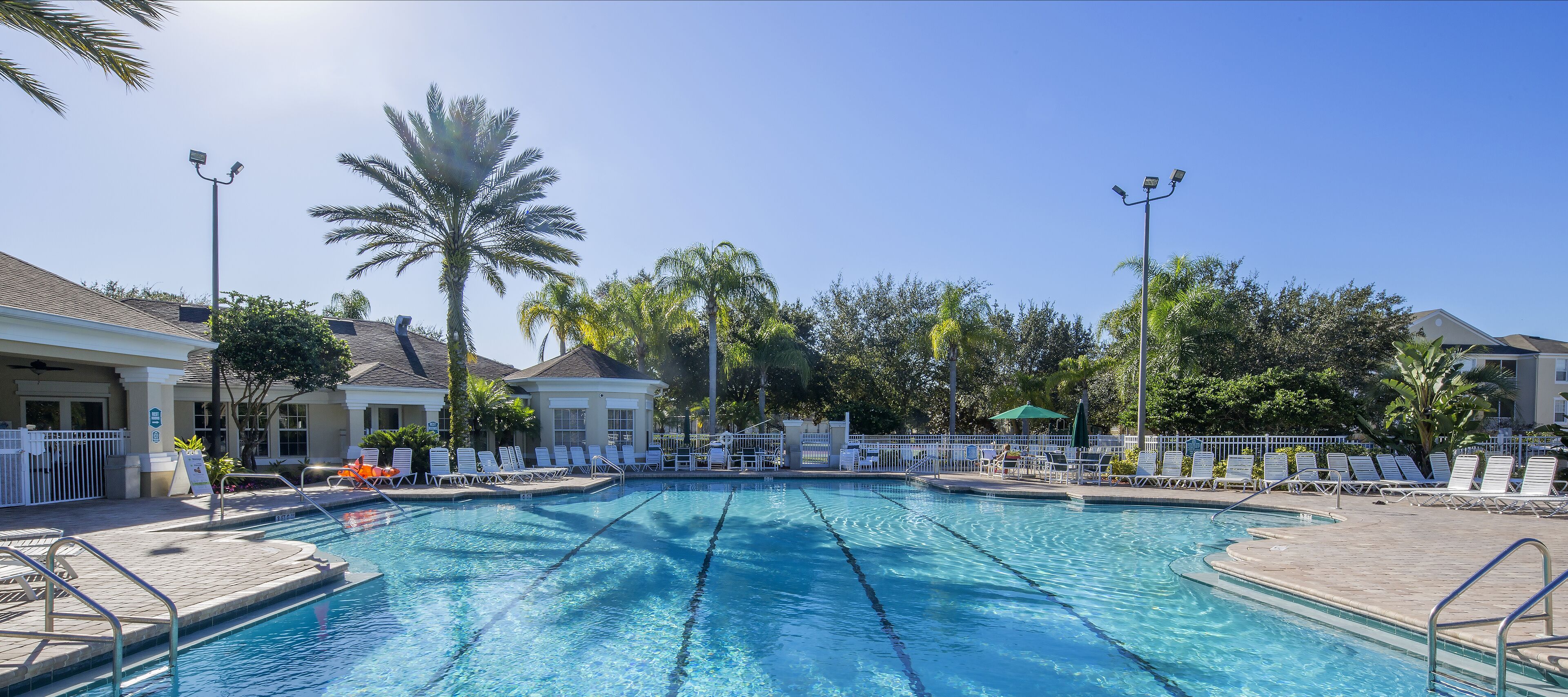 Piscina com pistas demarcadas, rodeada por espreguiçadeiras e palmeiras.