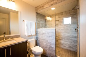 Combined shower/bathtub, hair dryer, towels, soap