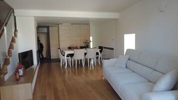 TV, caminetto, libri