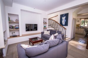 Smart TV, fireplace, DVD player, books