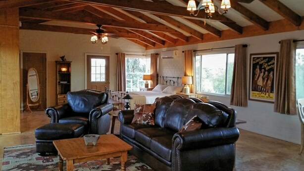 A cozy living room with leather sofas, a wooden coffee table, and a chandelier. - Foothills Ranch House in Casas Adobes, 8 ac estate with Pool, Tennis, Pickleball (Tucson)