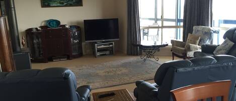 TV, fireplace, DVD player, books