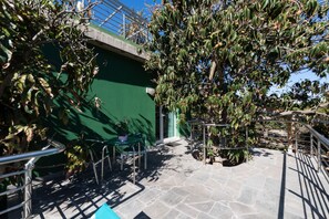 A stone-paved outdoor area with a metal railing, a green wall, and a tree with green leaves.