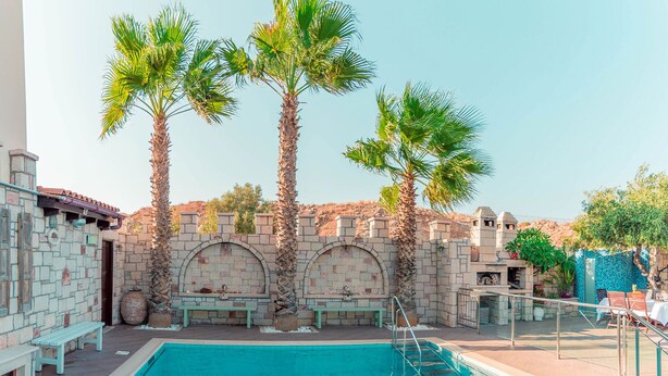 Une piscine avec un mur en pierre et des palmiers.