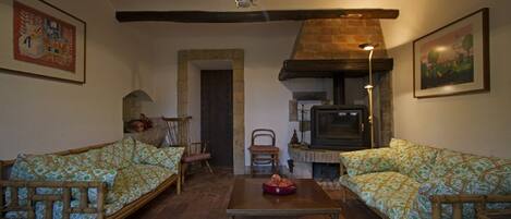 A cozy living room with two patterned sofas, a wooden coffee table, a fireplace, and a television.