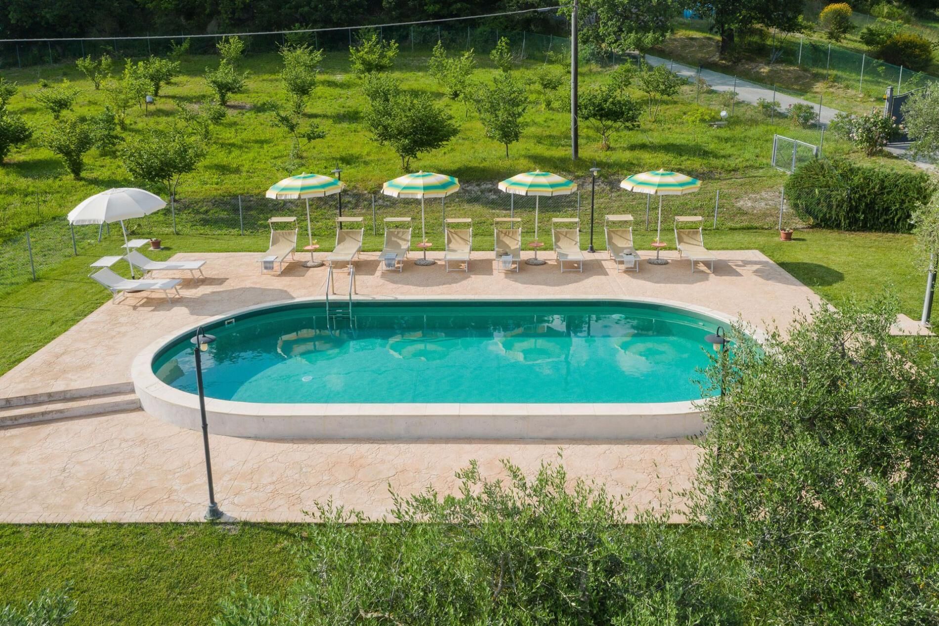 Piscina con sillas de descanso y sombrillas, rodeada de césped y árboles.