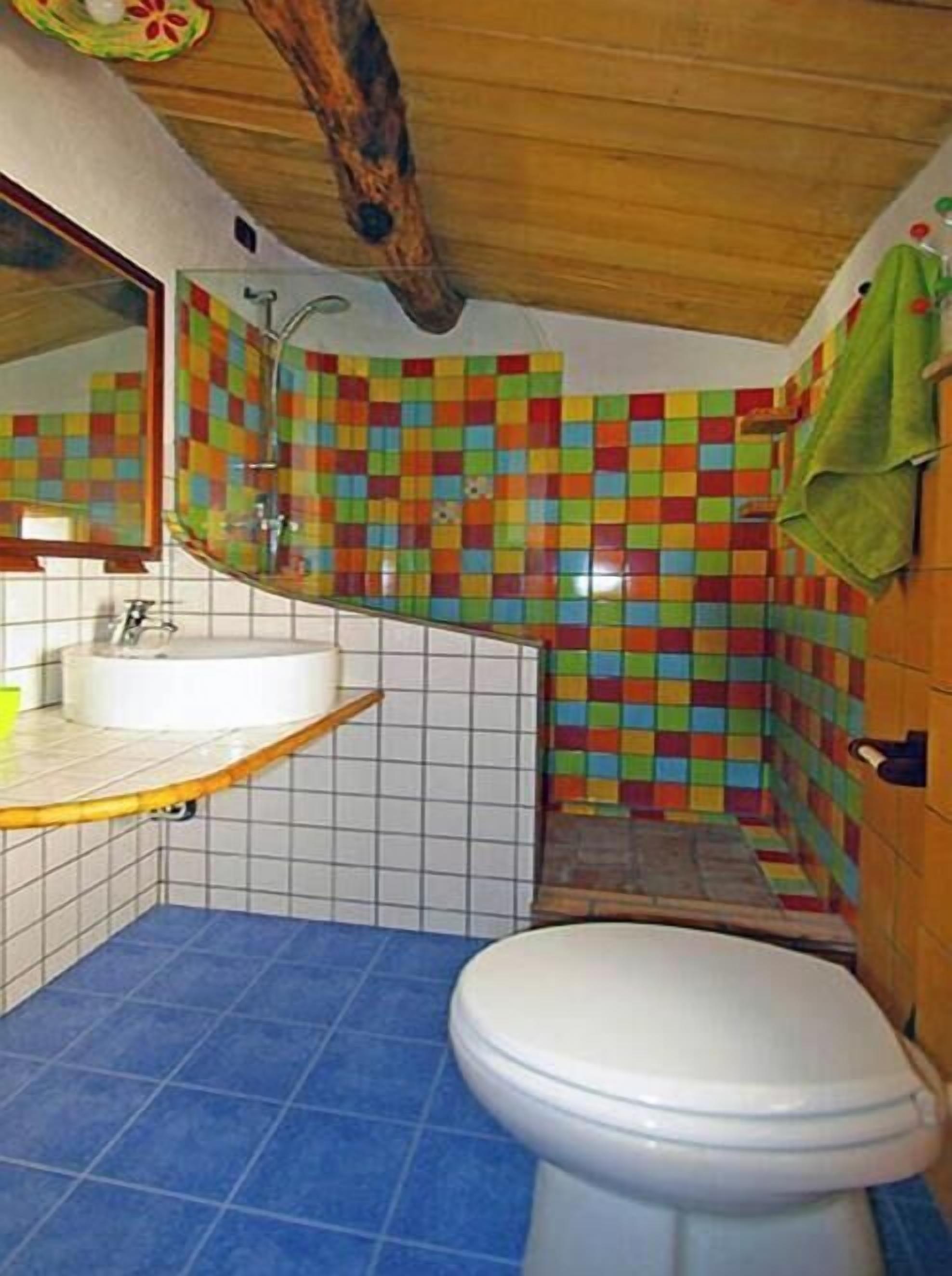 Un baño con inodoro blanco, lavabo con espejo y zona de ducha.