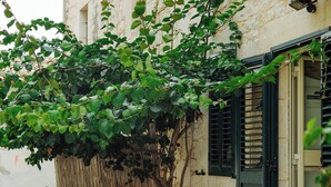 A stone building with a table set for two under a vine-covered pergola.