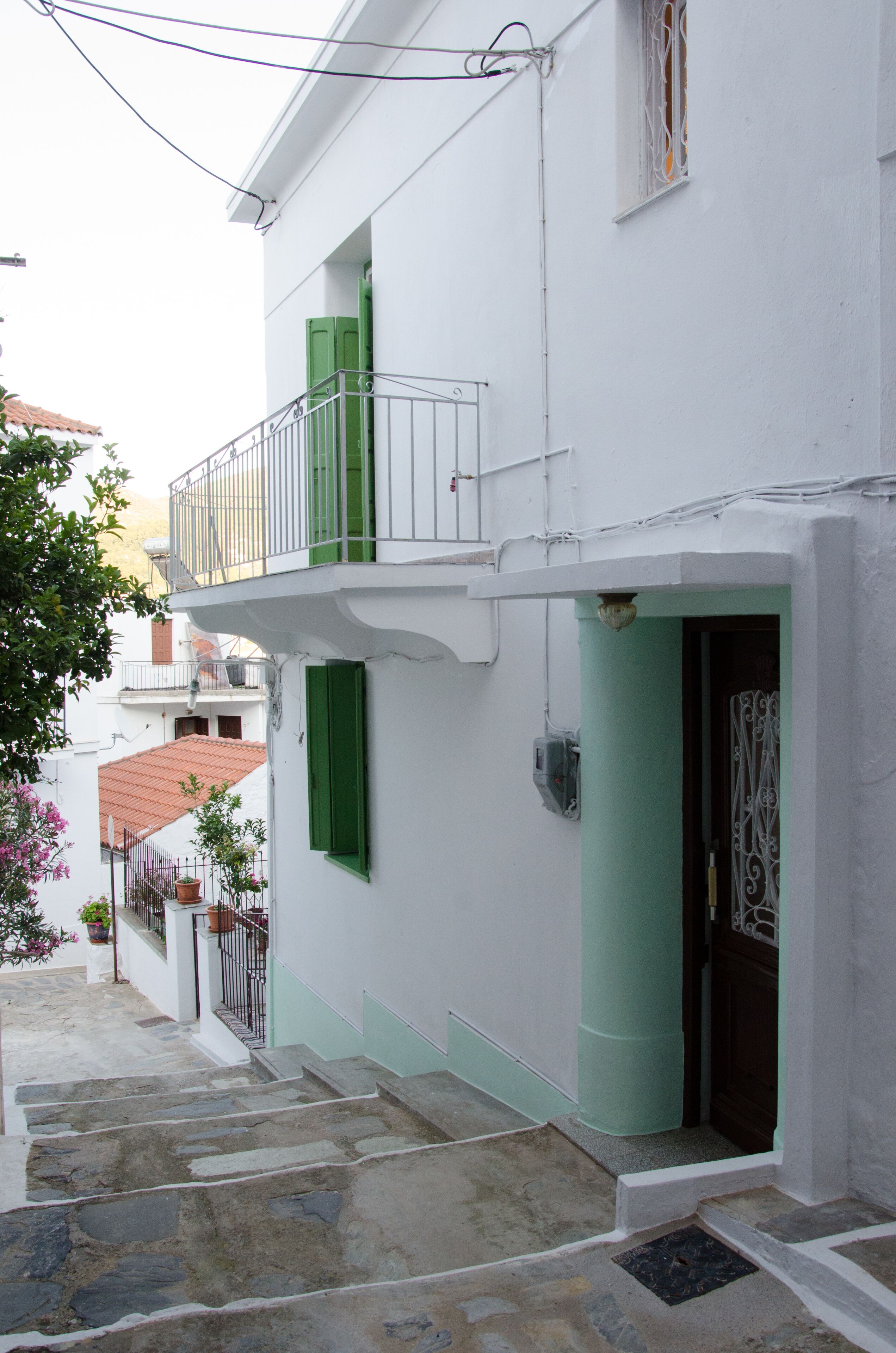 Uma rua estreita com edifícios brancos, persianas verdes e degraus de pedra que levam a uma porta.