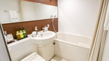 Combined shower/tub, hair dryer, slippers, electronic bidet