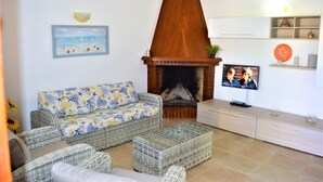 Ein Wohnzimmer mit Kamin, einer Couch, einem Fernseher und einem Couchtisch.