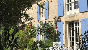 Un bâtiment aux volets bleus, un jardin avec des chaises blanches et une grande variété de plantes.