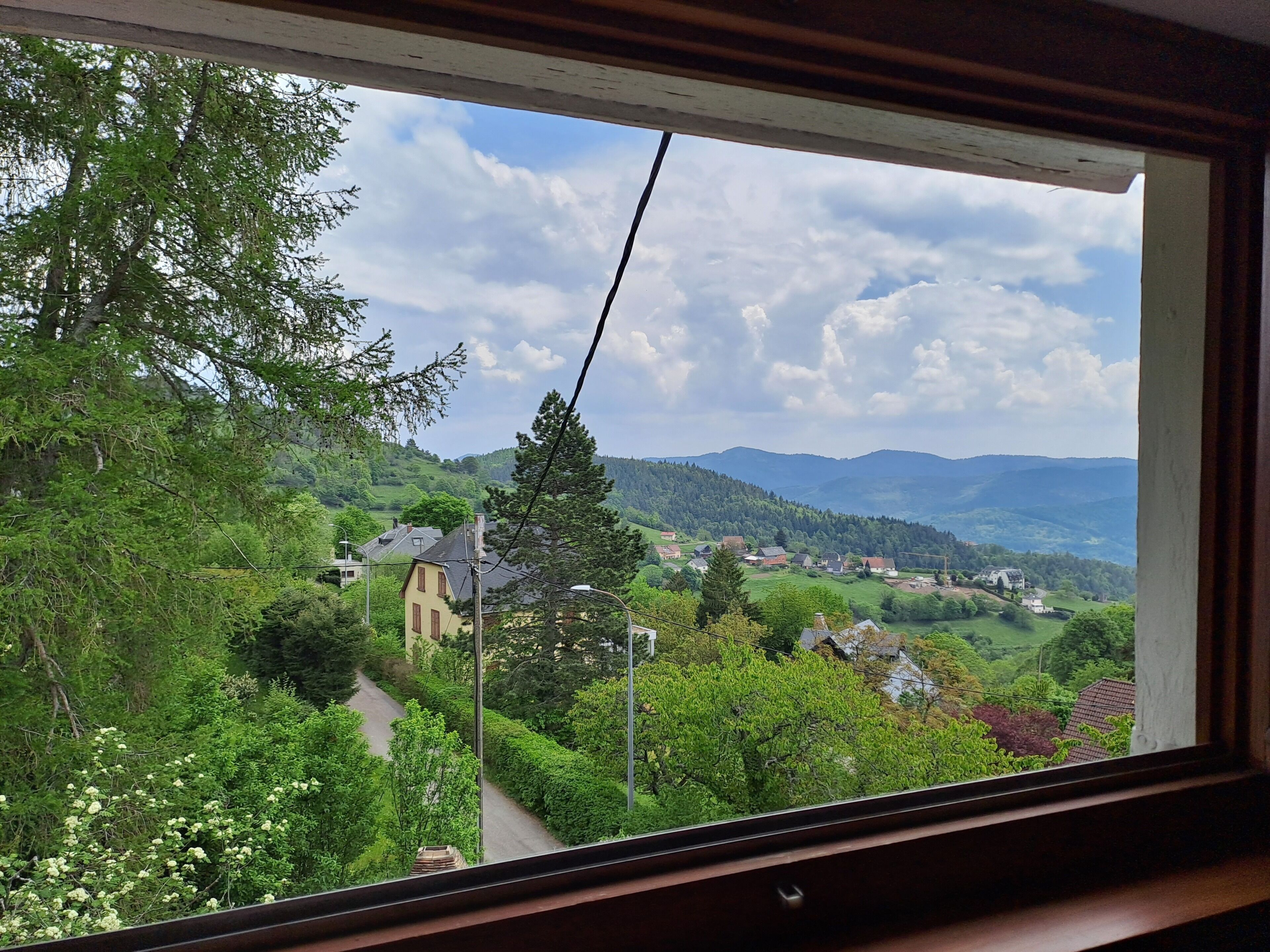 Vista per la finestra d'un paisatge verd amb cases i arbres.