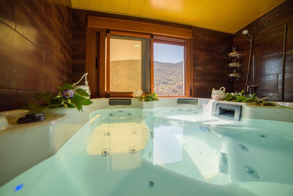 Douche, baignoire à jets, sèche-cheveux, serviettes fournies