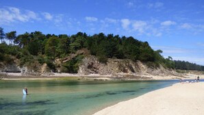 Ein Strand mit klarem Wasser, sandigem Ufer und einem bewaldeten Hügel.