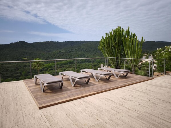 A terrace with sun loungers, a large cactus, and a view of green hills.