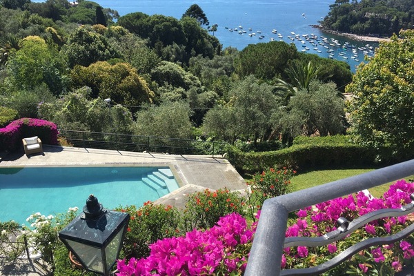 View from the property showing the garden and private swimming pool.