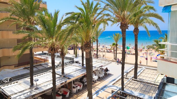 Vista de una playa con palmeras, un café llamado 'Caff. di Mare' y un mar azul cristalino.