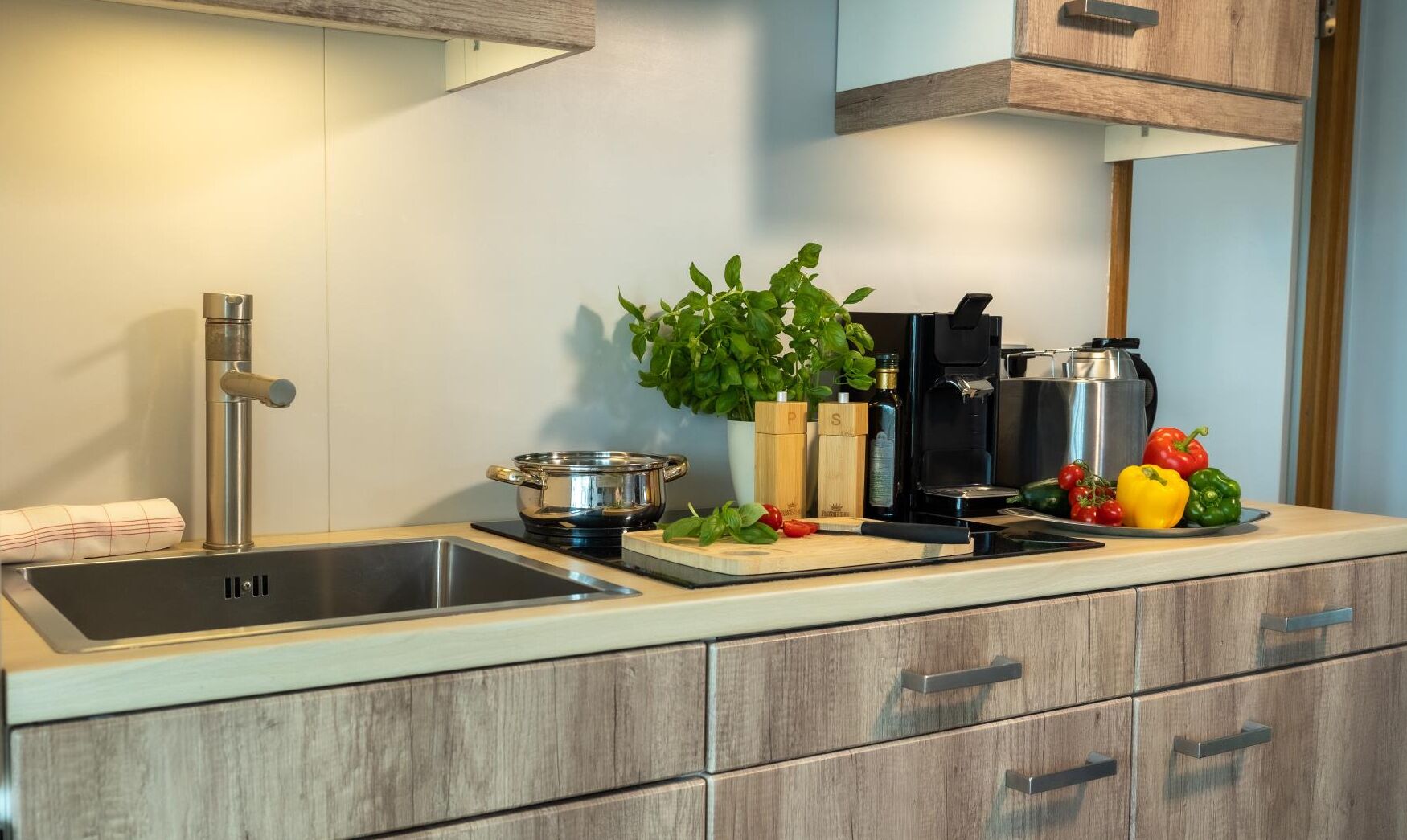 Uma cozinha moderna com uma pia de aço inoxidável, uma cafeteira e vegetais frescos na bancada.