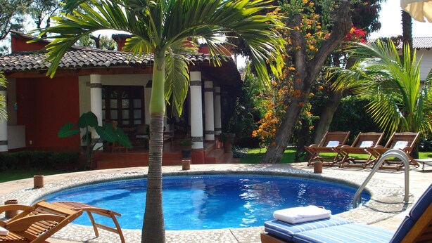 A pool area with lounge chairs and a palm tree. - Beautiful country house in the magical town of Malinalco (Malinalco)