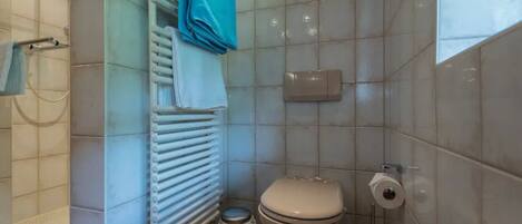 A small bathroom with a toilet, a radiator, a trash bin, and a towel rack with a blue towel.