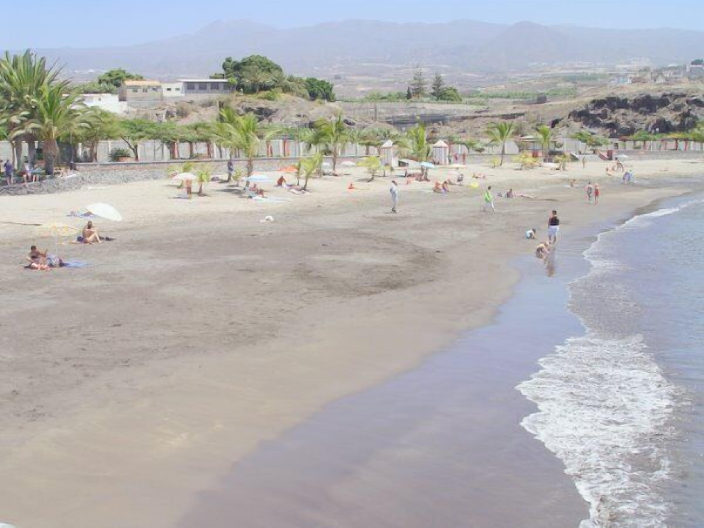 A beach with people, palm trees, and buildings in the background.