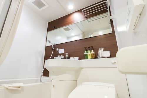 Combined shower/tub, free toiletries, hair dryer, slippers