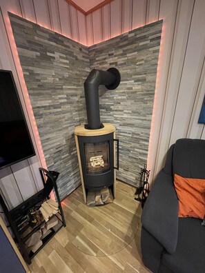 Una Smart TV, una chimenea, un reproductor de DVD, libros