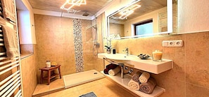 Combined shower/bathtub, hair dryer, towels, soap