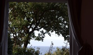 Enjoy a serene view of the surrounding landscape from this room, featuring a window with a small table and a bowl, overlooking a tranquil tree and body of water.