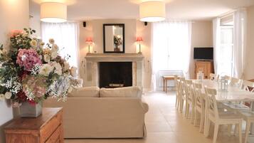 Televisión, chimenea, reproductor de DVD y tenis de mesa