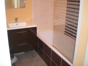 Bathtub, hair dryer, soap, toilet paper