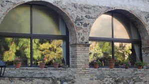 Dos ventanas arqueadas con pared de piedra y plantas en macetas al frente.