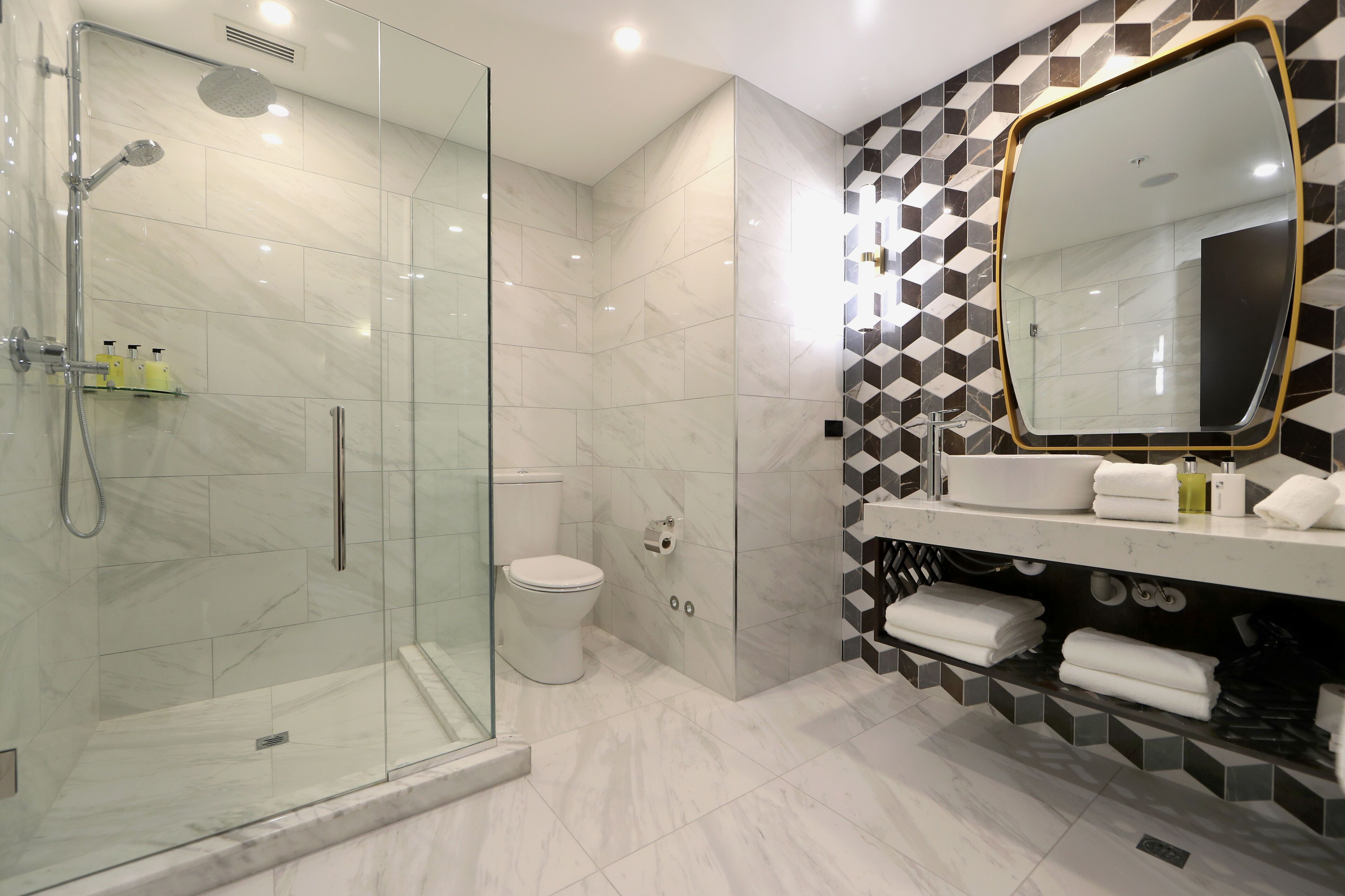 shower, rainfall showerhead, free toiletries, hair dryer