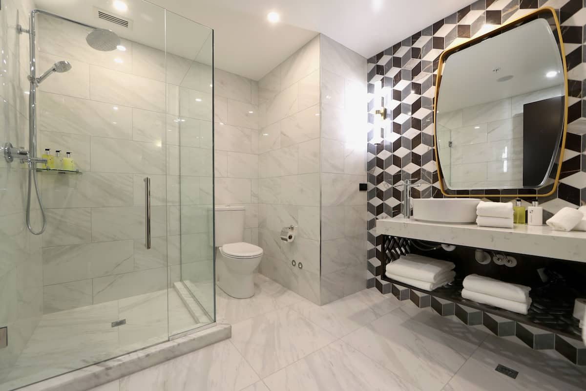 shower, rainfall showerhead, free toiletries, hair dryer