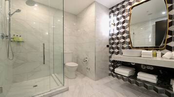 Een douche, een regendouche, gratis toiletartikelen, een haardroger